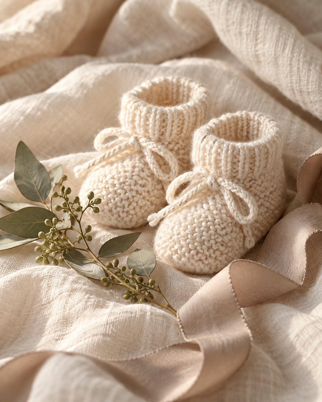 Cremefarbene Babyschuhe auf weichem Leinen mit einem dezenten grünen Zweig